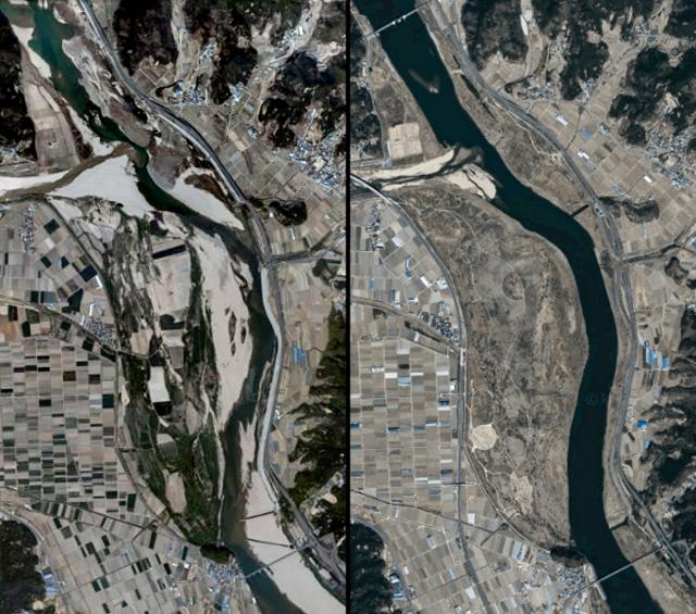구미 해평습지 일대를 촬영한 위성사진. 왼쪽은 2008년, 오른쪽은 2022년 모습이다. 4대강 사업 이후 낙동강과 감천이 만나는 ‘감천 합수부’를 기점으로 분포했던 모래톱과 습지가 대부분 사라졌다. 카카오맵 캡처