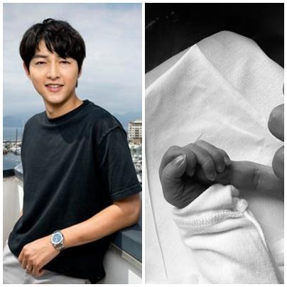 배우 송중기(왼쪽 사진)와 그의 아내가 지난해 출산한 첫째 아들 사진. 프랑스 칸=AP/뉴시스, 송중기 팬카페