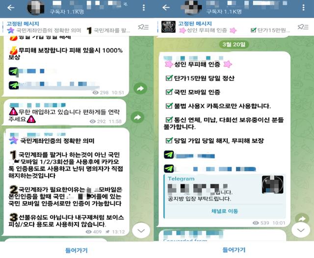 장씨 일당이 지난해 2월 개설한 대포계정 명의자 모집 홍보를 위한 텔레그램 채널. 의정부지검 제공