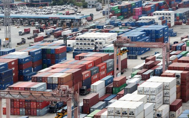 Containers piled up at Busan Port Shinseondae Pier and Yard on the afternoon of the 11th. News1