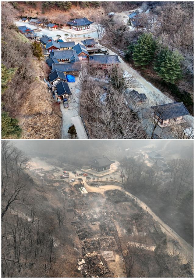26日慶北義城郡丹村面故韻士家運塁を含めた建物が前日蕃鎭山火事に皆他の跡だけ残っている. 今度火事で国家指定文化遺産宝物に指定された家運塁と研修前などが消失した. 上の写真は 2月 11日撮影した 