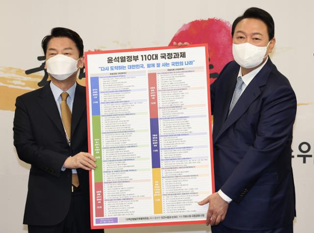 윤석열(오른쪽) 20대 대통령 당선인이 2022년 5월 3일 서울 종로구 삼청동 대통령직인수위원회에서 열린 전체 회의에서 안철수 인수위원장으로부터 인수위가 준비한 국정과제를 전달받고 있다. 인수위사진기자단