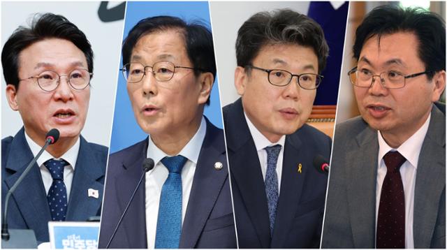 더불어민주당 대선 정책통 4인방. 왼쪽부터 김민석 수석최고위원, 윤후덕 이재명 캠프 정책본부장, 진성준 정책위의장, 이한주 민주연구원장. 뉴스1·뉴시스