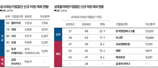 2025년 공시대상기업집단, 상호출자제한기업집단 신규 지정·제외 현황. 그래픽=신동준 기자