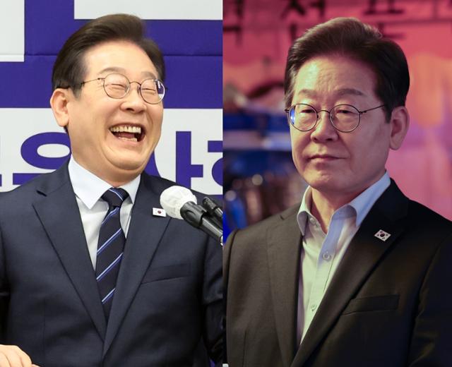 이재명 더불어민주당 대선 후보가 1일 대법원 전원합의체 판결 전 서울 중구 한국프레스센터에서 열린 한국노총 정책협약식에서 환한 표정으로 웃고 있다(왼쪽 사진). 이날 오후 서울 종로구의 한 식당에서 비(非)전형 노동