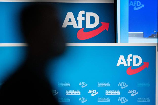 지난달 11일 독일 동부 드레스덴에서 열린 극우정당 '독일을위한대안(AfD)' 당대회 2일 차 당시 대의원들이 회의장에 도착하고 있다.뒤쪽으로는 AfD의 로고가 보인다.드레스덴=AFP 연합뉴스