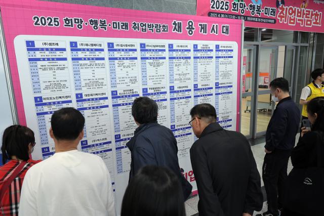 지난달 30일 서울 영등포구 영등포아트홀에서 열린 2025 희망·행복·미래 취업박람회를 찾은 구직자들이 채용게시대를 살펴보고 있다.뉴스1