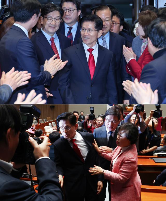 김문수(맨 앞 가운데) 국민의힘 대선 후보가 9일 서울 여의도 국회에서 권영세(뒷줄 오른쪽) 비대위원장, 권성동 원내대표와 의원총회에 입장하며 박수를 받고 있다(위 사진). 김 후보가 지도부를 향해 "무소속을 당 후