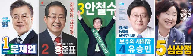 2017년 4월 16일 공개된 19대 대선 출마 후보들의 선거 벽보. 왼쪽부터 문재인 더불어민주당 후보, 홍준표 자유한국당 후보, 안철수 국민의당 후보, 유승민 바른정당 후보, 심상정 정의당 후보. 연합뉴스