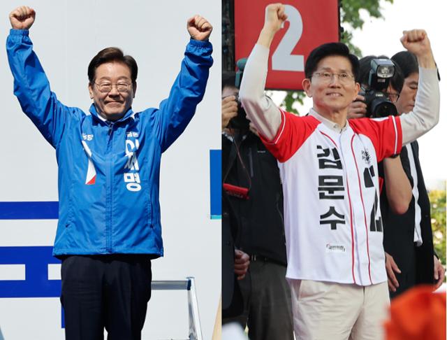 이재명(왼쪽 사진) 더불어민주당 대선 후보와 김문수 국민의힘 후보가 6·3 대선 공식 선거운동 첫날인 12일 서울 중구 청계광장, 대구 서문시장에서 각각 지지를 호소하고 있다. 뉴스1