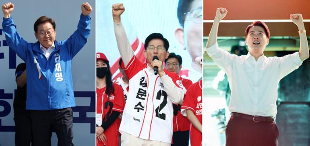 제21대 대통령 선거 공식 선거운동 첫날인 12일 이재명(왼쪽부터) 더불어민주당·김문수 국민의힘·이준석 개혁신당 대선 후보가 각각 경기 화성시 동탄 센트럴파크, 대구 서문시장, 서울 청계광장에서 선거 운동을 하고 있