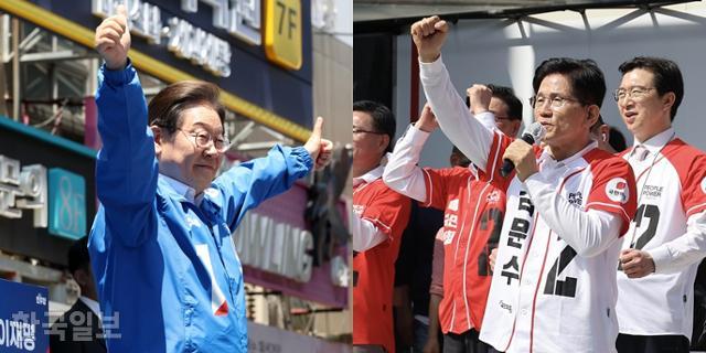 이재명(왼쪽 사진) 더불어민주당 대선 후보가 14일 부산 서면 쥬디스태화 인근에서 열린 부산 유세에 참석해 시민들에게 인사하고 있다. 같은 날 경남 진주시 진주대로에서 김문수 국민의힘 대선 후보가 지지를 호소하고 있