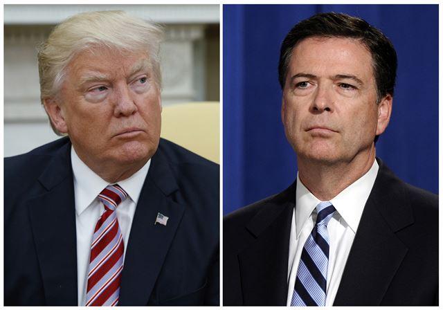 도널드 트럼프(왼쪽) 미국 대통령과 제임스 코미 전 미 연방수사국(FBI) 국장. AP 연합뉴스