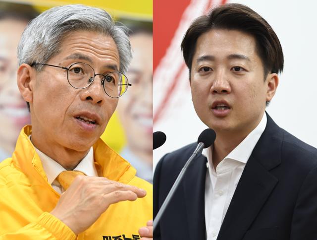 권영국 민주노동당 대선 후보(왼쪽 사진)가 15일 서울 구로구 당사에서 본보와 인터뷰하고 있다. 이준석 개혁신당 대선 후보가 16일 충청남도청에서 진행된 언론인과의 간담회에서 발언하고 있다. 한국일보 자료 사진·뉴시