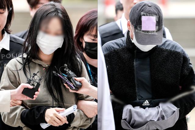 축구선수 손흥민씨를 상대로 허위 임신을 주장하며 금품을 요구한 혐의를 받는 20대 여성 양모 씨와 40대 남성 용모 씨가 17일 서울 서초구 서울중앙지법에서 열리는 구속 전 피의자심문에 출석하고 있다. 뉴시스