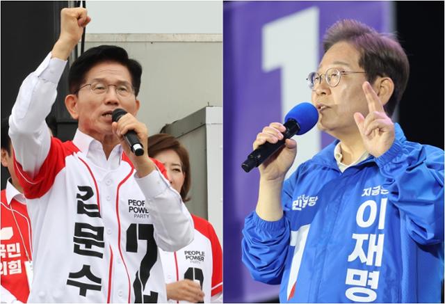 김문수(왼쪽 사진) 국민의힘 대선 후보가 16일 경기 수원시 지동시장에서 유권자들에게 지지를 호소하고 있다. 오른쪽은 이재명 더불어민주당 대선 후보가 15일 전남 목포시 평화광장에서 유세 연설을 하는 모습. 뉴스1·