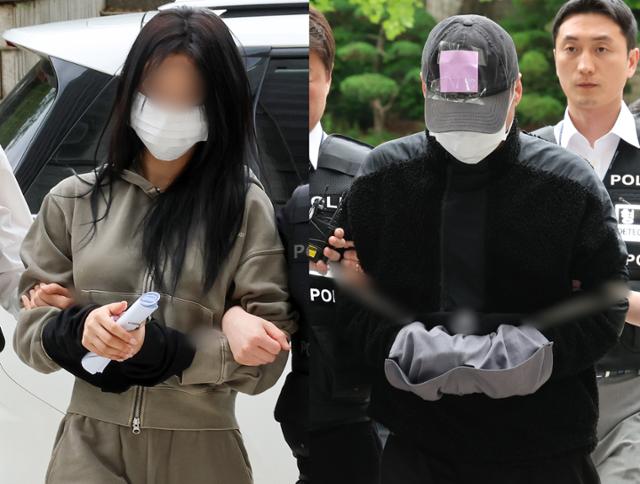 축구선수 손흥민을 상대로 임신을 주장하며 금품을 요구한 혐의를 받는 20대 여성 양모씨(왼쪽)와 40대 남성 용모씨가 17일 서울 서초구 서울중앙지법에서 열린 구속 전 피의자 심문에 출석하고 있다. 뉴스1