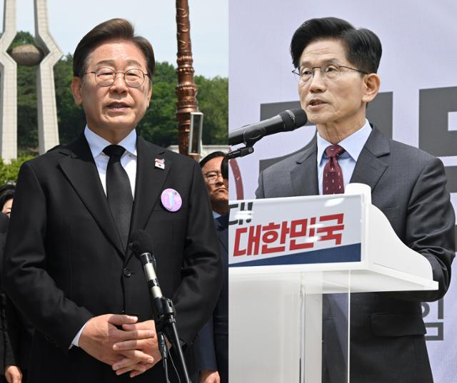 이재명(왼쪽) 더불어민주당 대통령 후보가 18일 광주 북구 국립5·18민주묘지에서 열린 제45주기 5·18 민주화운동기념식에 참석한 뒤 취재진 질문에 답하고 있다. 김문수 국민의힘 후보가 같은 날 여의도 당사에서 경