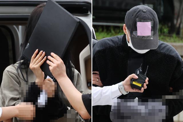 축구 국가대표팀 주장 손흥민의 아이를 임신했다고 주장하며 손씨에게 돈을 뜯어내려 한 20대 여성 양모씨(왼쪽)와 40대 남성 용모씨가 17일 영장실질심사를 받기 위해 서울중앙지법에 들어서고 있다. 연합뉴스