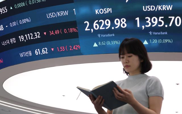 16일 오전 서울 중구 하나은행 본점 딜링룸 현황판에 코스피, 원/달러 환율, 나스닥, 미국 서부 텍사스산 원유(WTI) 지수가 표시돼 있다. 연합뉴스