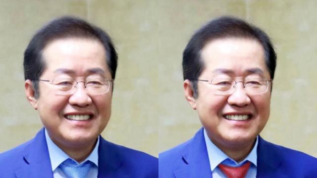 19일 홍준표 전 대구시장의 페이스북 계정 프로필 사진 변화. 민주당 상징색인 푸른색 넥타이(왼쪽 사진)를 붉은색 넥타이로 바꿨다. 홍 전 시장 페이스북 계정 캡처