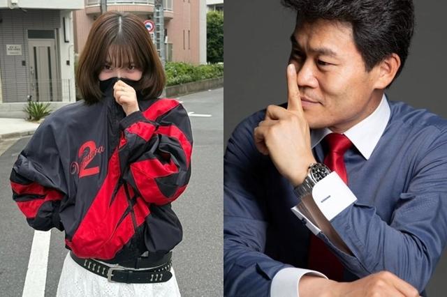 걸그룹 에스파 멤버 카리나가 국민의힘 상징색(빨간색)과 기호(2)를 담은 점퍼를 입고 입을 가린 포즈를 취하고 있다(왼쪽 사진). 일본 관광 도중 촬영된 이 사진은 제21대 대선 후보 TV 토론회가 진행 중이던 27