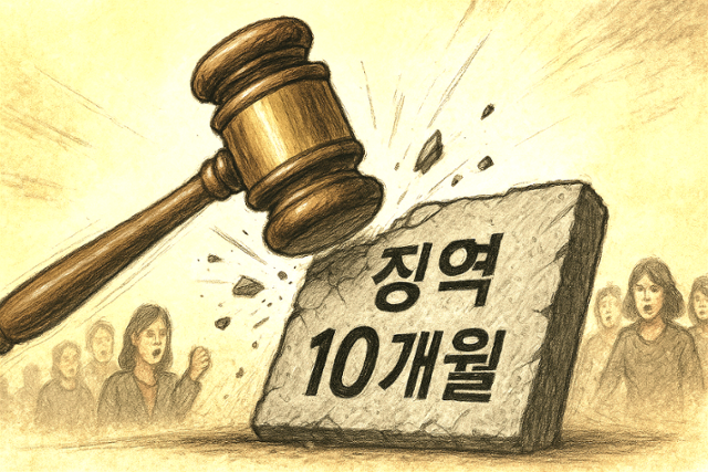 법의 망치가 '징역 10개월'이라 적힌 석판을 내리치고 있는 장면을 상징적으로 표현한 삽화. 알몸 활보와 성추행으로 기소된 충남 모 사립고 행정실장에게 법원이 실형을 선고하며 법정 구속한 판결을 형상화했다. 한국일보