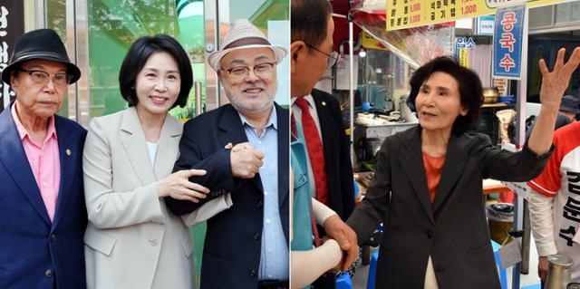 이재명 더불어민주당 대선 후보의 배우자인 김혜경 여사가 지난달 27일 전남 고흥군 소록도에서 주민들과 사진을 찍고 있다.(왼쪽 사진) 같은 날 김문수 국민의힘 대선 후보의 배우자 설난영 여사가 호남 최대 재래시장인 
