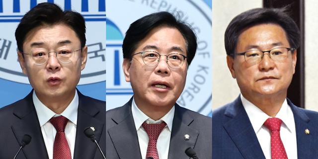 국민의힘 원내대표 선거에 출사표를 던진 김성원(왼쪽부터), 송언석, 이헌승 의원. 뉴스1·한국일보