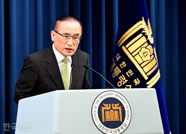 위성락 대통령시 국가안보실장이 15일 용산 대통령실 브리핑룸에서 이재명 대통령의 주요 7개국(G7) 정상 외교 관련 브리핑을 하고 있다. 왕태석 선임기자