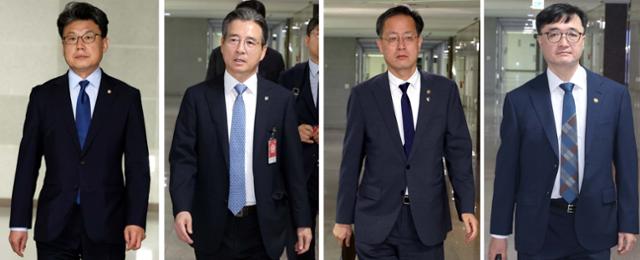 진성준(왼쪽 사진부터) 더불어민주당 정책위의장, 김용범 대통령실 정책실장, 이형일 기획재정부 1차관, 임기근 기재부 2차관이 18일 오전 서울 여의도 국회 의원회관에서 열린 추경안 관련 비공개 실무 당정협의회에 참석