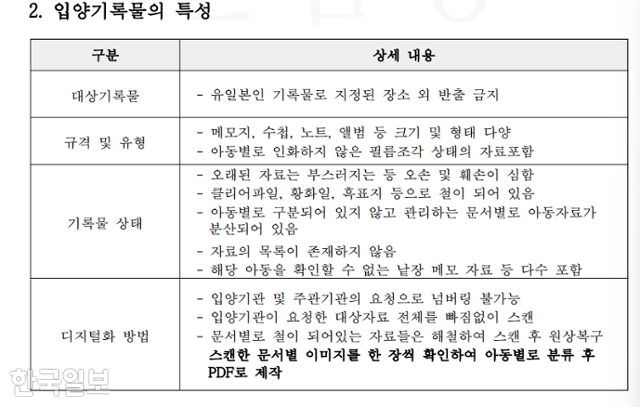 The 'Data Management Guidelines' created and used by the service provider that carried out the 'Adoption Record Computerization Project' of the Child Rights Protection Agency during the project's promotion process. The company cited the section 'Scanning all target data without exception' and 'Blank scans' were all