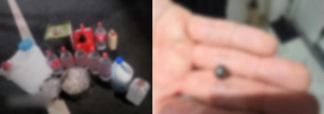 20일 인천에서 사제 총기로 30대 아들을 살해한 혐의를 받는 60대 남성의 서울 주거지에서 발견된 시너가 담긴 통들(왼쪽). 오른쪽은 함께 발견된 산탄의 쇠구슬. 인천연수경찰서 제공