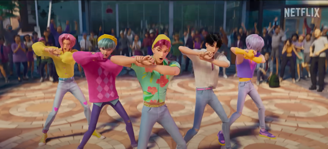 영화 '케이팝 데몬 헌터스'에서 보이그룹 '사자 보이즈'가 '소다팝' 노래에 맞춰 군무를 추는 장면. 넷플릭스 유튜브 캡처