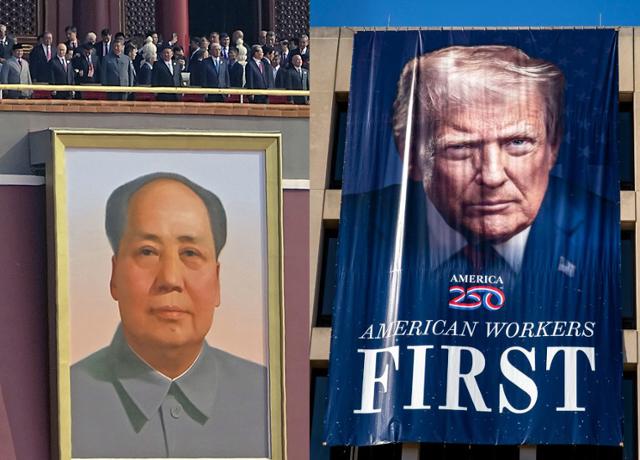 9월 3일 중국 전승절 80주년 열병식이 열린 베이징 톈안먼에 마오쩌둥의 대형 초상화가 걸려 있다(왼쪽사진). 8월 30일 미국 워싱턴 노동부 본부 건물 정면에 도널드 트럼프 대통령의 초상화와 '미국 노동자 우선'이