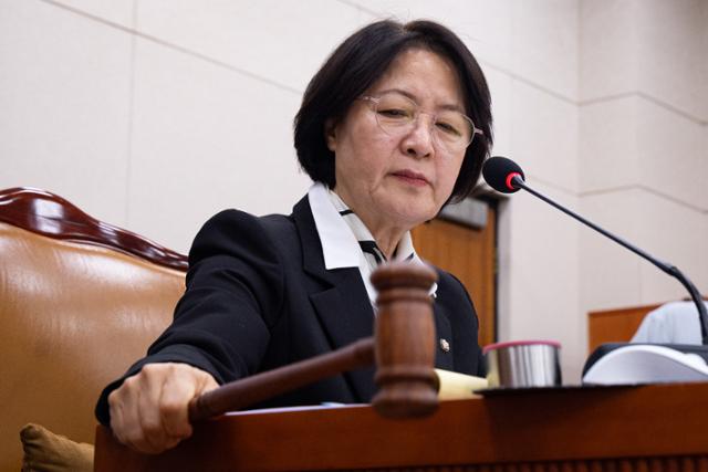 더불어민주당 소속 추미애 국회 법제사법위원장이 3일 서울 여의도 국회에서 열린 제429회 국회 법제사법위원회 제16차 전체회의 도중 의사봉을 두드리고 있다. 뉴스1
