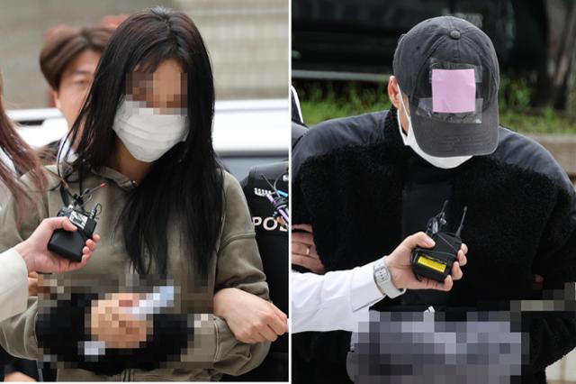 축구 국가대표팀 주장 손흥민의 아이를 임신했다고 주장하며 손씨에게 돈을 뜯어내려 한 20대 여성 양모씨(왼쪽 사진)와 40대 남성 용모씨가 지난 5월 구속 전 피의자 심문을 받기 위해 서울중앙지법에 들어서고 있다.