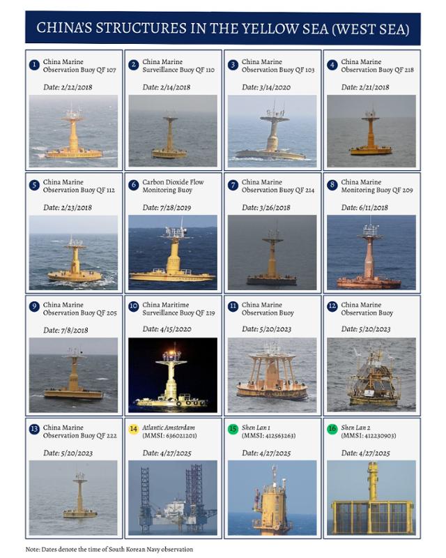 미국 싱크탱크 전략국제문제연구소(CSIS)가 9일 공개한 중국의 무단 서해 구조물 사진.부표 13개,양식장 구조물 2개,관리용 시설물 1개 등 16개다.CSIS‘비욘드 패럴렐’제공