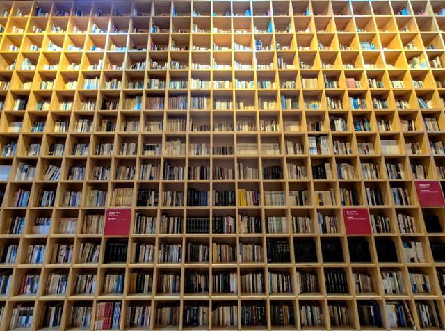 경기 파주시 파주출판도시 지혜의 숲 서고에 책이 까마득히 높게 쌓여 있다.