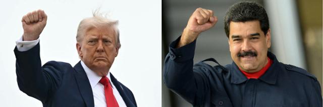 도널드 트럼프 미국 대통령이 지난해 9월 메릴랜드 앤드루스 합동기지에서 대통령 전용기에 올라타기 전 손을 높이 드는 모습(왼쪽사진)과,<a href=