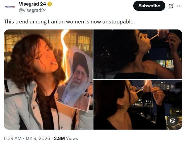 이란의 최고지도자 아야톨라 세예드 알리 하메네이의 사진에 불을 붙여 담배를 피우는 여성들. 엑스(X) 캡처