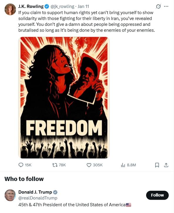 J.K 롤링 영국 소설가가 이란 사태와 연대를 촉구하는 글과 히잡을 벗고 이란 최고지도자 사진에 불을 붙여 담배를 피우는 캐리커처를 게시했다. 엑스(X) 캡처