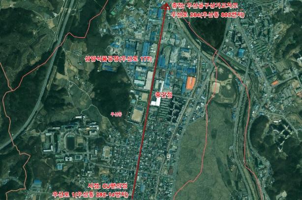 강원 원주시가 우산로에 부여한 명예도로명 '삼양불닭로'의 위치. 원주시 제공