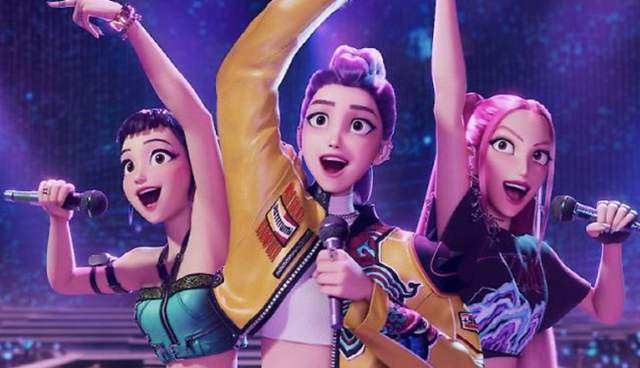 넷플릭스 애니메이션 영화 '케이팝 데몬 헌터스' 속 가상 걸그룹 헌트릭스. 가운데 멤버가 루미. 넷플릭스 제공