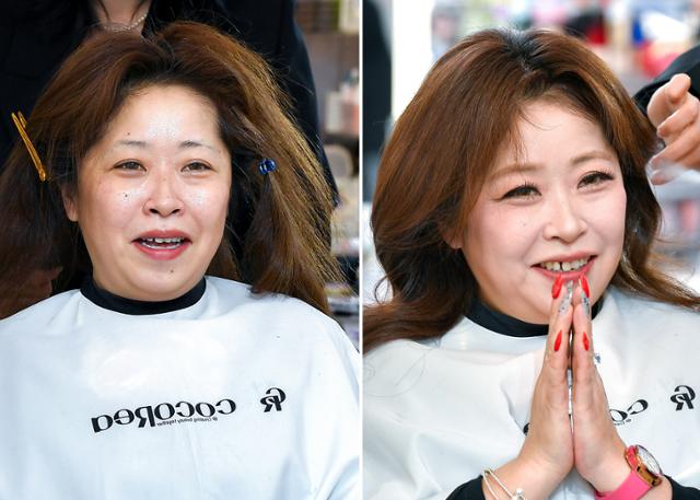 일본인 관광객 가나코 이노우에(50)가 10일 서울 명동의 한 메이크업 매장에서 메이크업을 받기 전(왼쪽)과 후의 모습. 임지훈 인턴기자