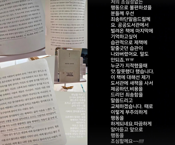김지호가 SNS에 게재한 문제의 독서 인증샷과 사과문. 김지호 SNS