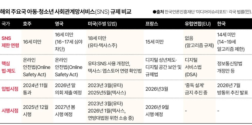 해외 주요국 SNS 규제 비교.그래픽=신동준 기자