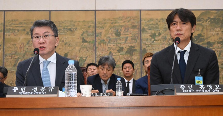 정몽규(왼쪽) 전 대한축구협회장과 홍명보 전 한국축구팀 감독이 30일 서울 여의도 국회에서 열린 문화체육관광위원회의 대한축구협회 현안 관련 청문회에 증인으로 출석해 질의에 답하고 있다. 국회사진기자단