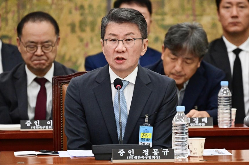 정몽규 전 대한축구협회장이 축구협회 현안 관련 청문회에서 의원 질의에 답하고 있다. 국회사진기자단