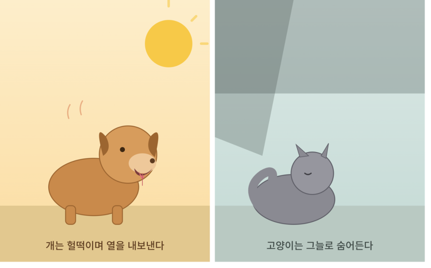 개는 헐떡임으로 체온을 낮추고 고양이는 서늘한 곳으로 이동한다.AI생성 이미지